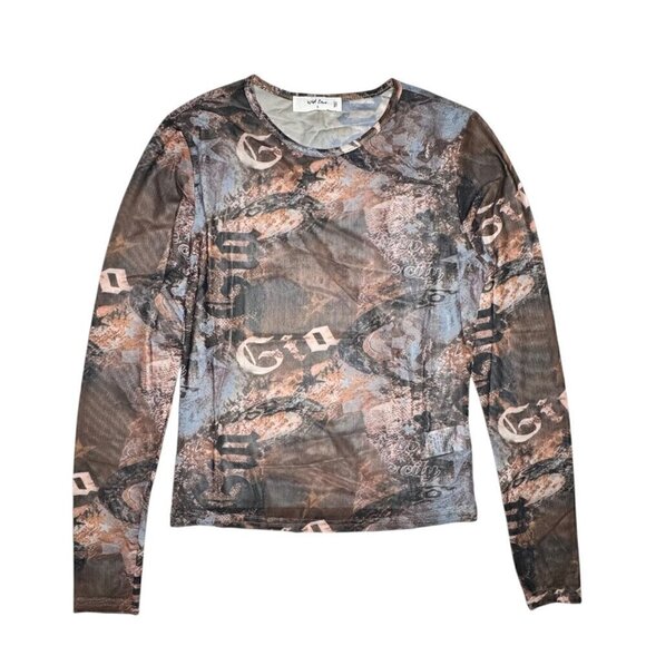 NWT Y2K 90s Sheer Mesh Cropped Top Sz.S Multi All-Over Print Fairy Grunge Goth - Picture 9 of 9